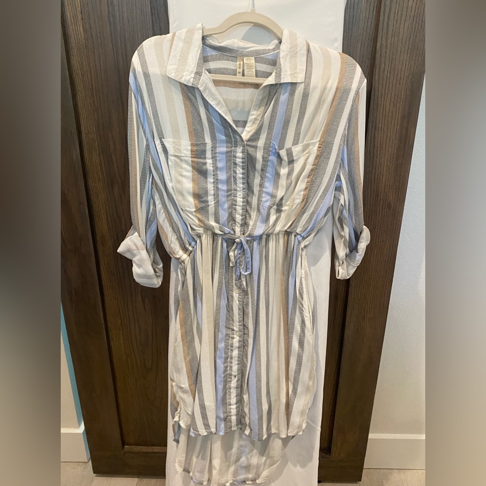 Size M - striped light colors - belted shirt dress